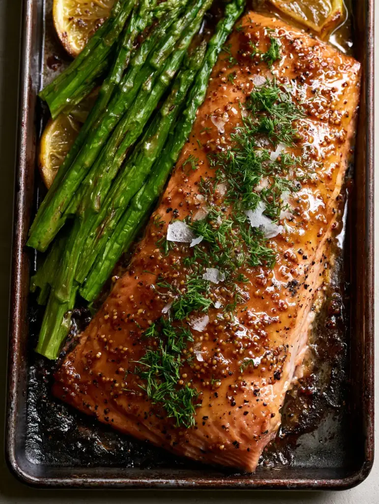 Maple dijon baked salmon with Roasted Asparagus and Charred Lemon 1 Full sheet pan view of Maple dijon baked salmon, asparagus, and charred lemon slices garnished with dill.