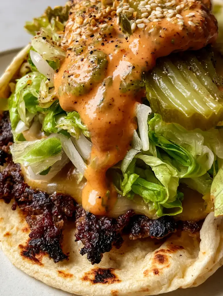 Detailed view of the melted American cheese and fresh toppings like iceberg lettuce and white onion slivers in a Big Mac Wrap.