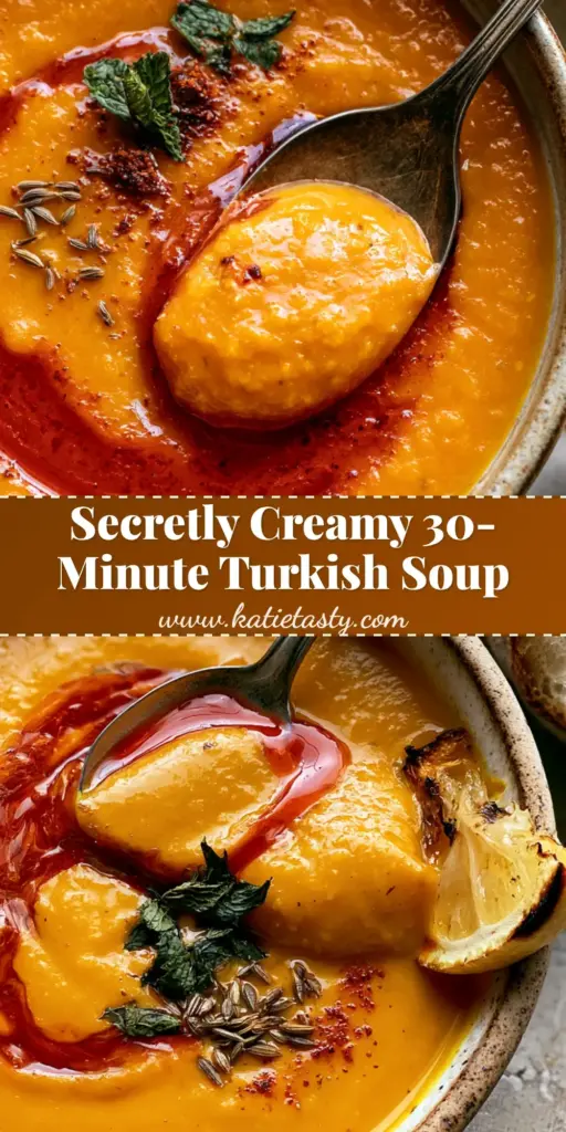 A vertical Pinterest-optimized image showing a bowl of velvety Red Lentil Soup with a crimson Aleppo pepper oil swirl, fresh mint, and toasted cumin seeds next to sourdough bread.