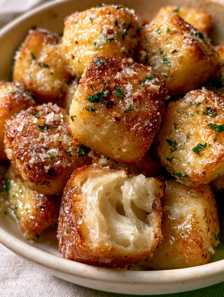Macro close-up of parmesan bread bites showing the deep golden hue, crispy edges, and thick coating of garlic butter and red pepper flakes.