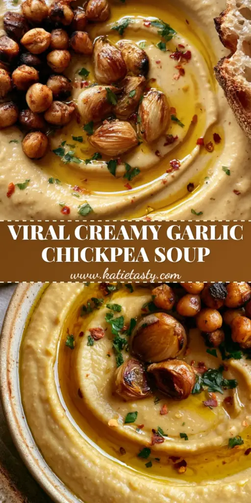 A rustic matte ceramic bowl of velvety golden-beige garlic chickpea soup with a glossy oil swirl and charred chickpeas.