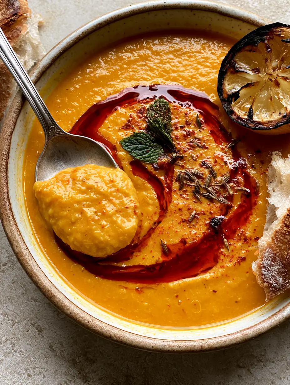 A top-down macro shot of a rustic ceramic bowl filled with velvety smooth, vibrant golden-orange Turkish red lentil soup. A silver spoon lifts a creamy mouthful.