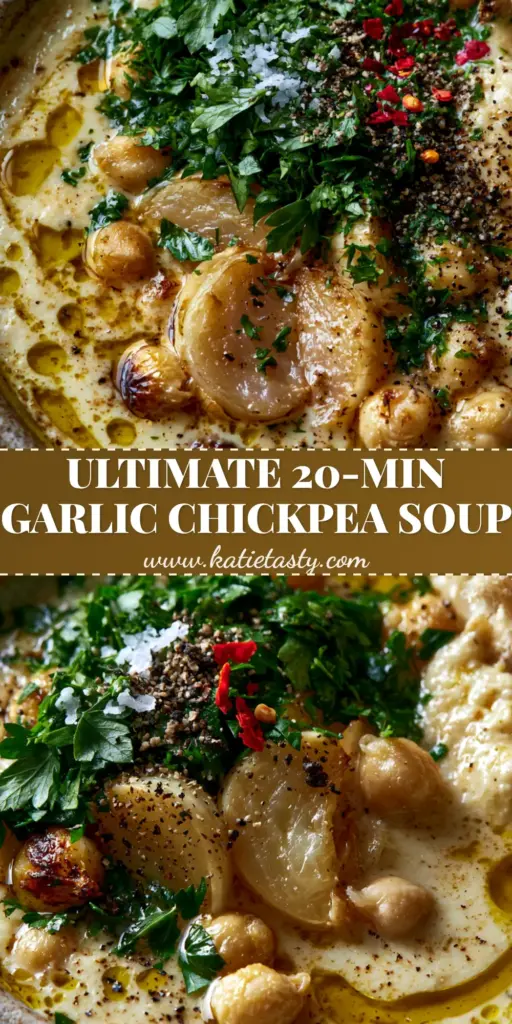 A top-down view of a bowl of vegan garlic chickpea soup with golden oil swirls and red chili flakes.