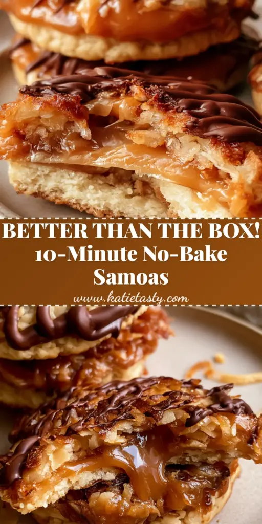 A tall stack of homemade Samoas Cookies with golden toasted coconut and thick dark chocolate drizzle on a neutral plate.