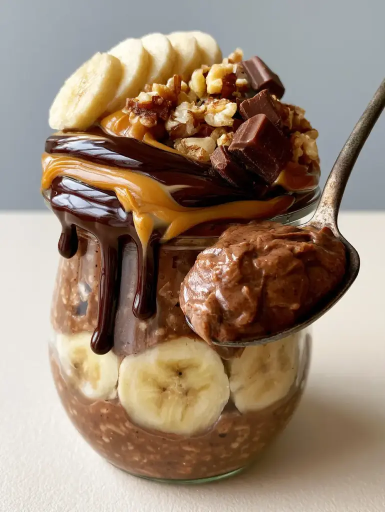 A rustic spoon lifting a scoop of Chunky monkey overnight oats with dripping chocolate sauce and banana slices.