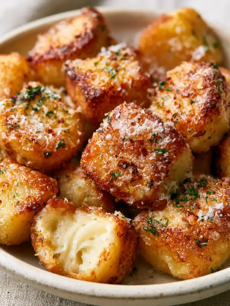 A torn parmesan bread bite revealing a steamy, airy, and elastic white dough interior with a buttery parmesan exterior.