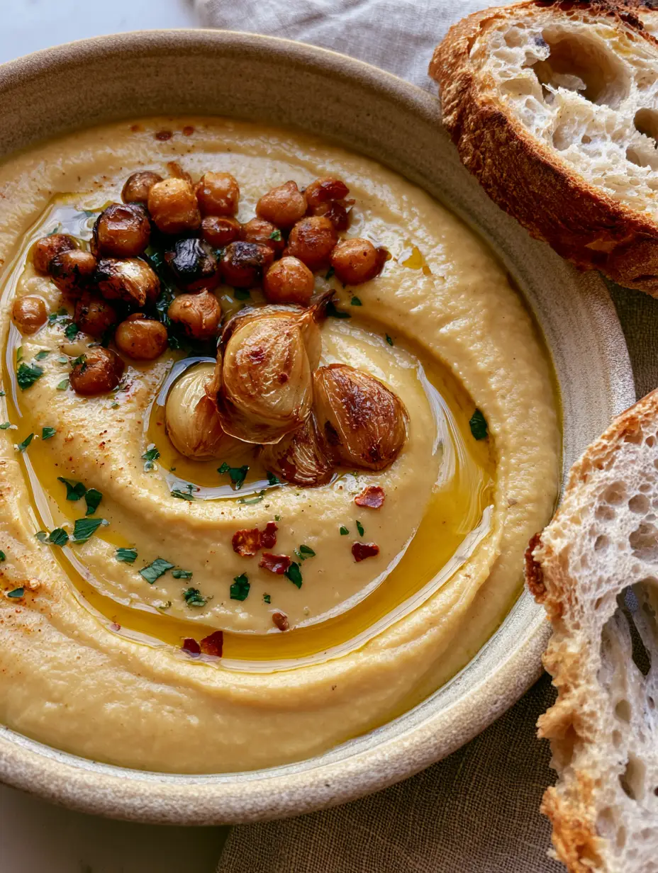 Close-up of garlic chickpea soup showing the smooth texture and vibrant parsley garnish.