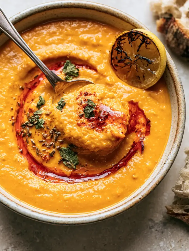 A vibrant crimson stream of melted Aleppo pepper butter being drizzled over a bowl of smooth orange lentil soup with sourdough on the side.