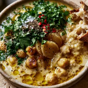 Macro close-up of velvety cream-colored broth in a matte ceramic bowl with blistered chickpeas. (vegan garlic chickpea soup)