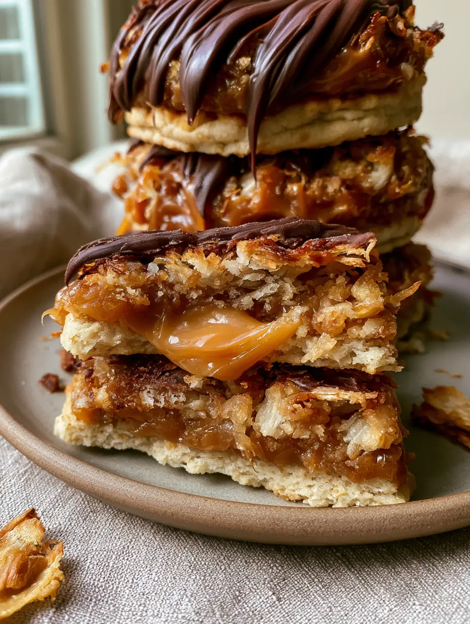 Close-up of a Samoas Cookie snapped in half showing the stretchy amber caramel pull and moist coconut interior.