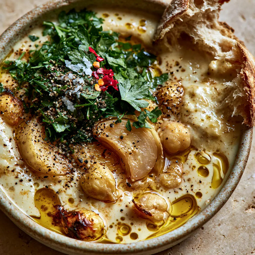 Close-up of torn sourdough bread dipped into thick vegan garlic chickpea soup.