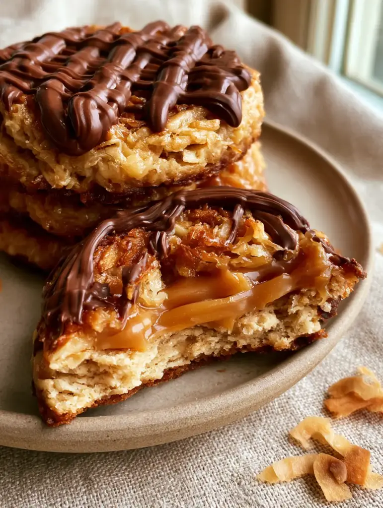 Overhead view of a stack of thick Samoas Cookies on a linen background with scattered toasted coconut flakes.