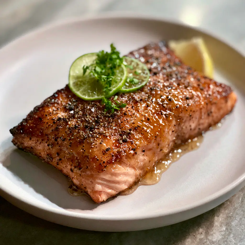 Plated salmon on a matte white plate with paper-thin lime slices and fresh cilantro garnish.