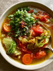 Close up view of golden vegetable broth with glistening oil droplets and seared cabbage chunks for the cabbage soup diet plan.