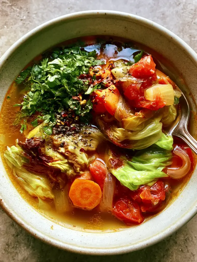 Spoon lifting chunks of carrots and fire-roasted tomatoes from a steaming white ceramic bowl, illustrating the cabbage soup diet plan.