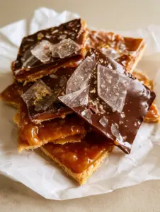 Close up of salted caramel crackers showing the dark amber toffee layer and large sea salt flakes.