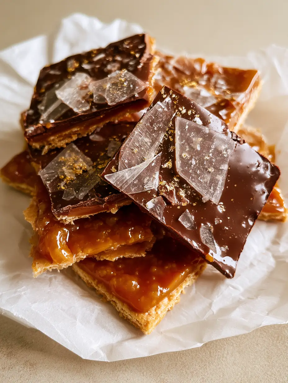 Close up of salted caramel crackers showing the dark amber toffee layer and large sea salt flakes.