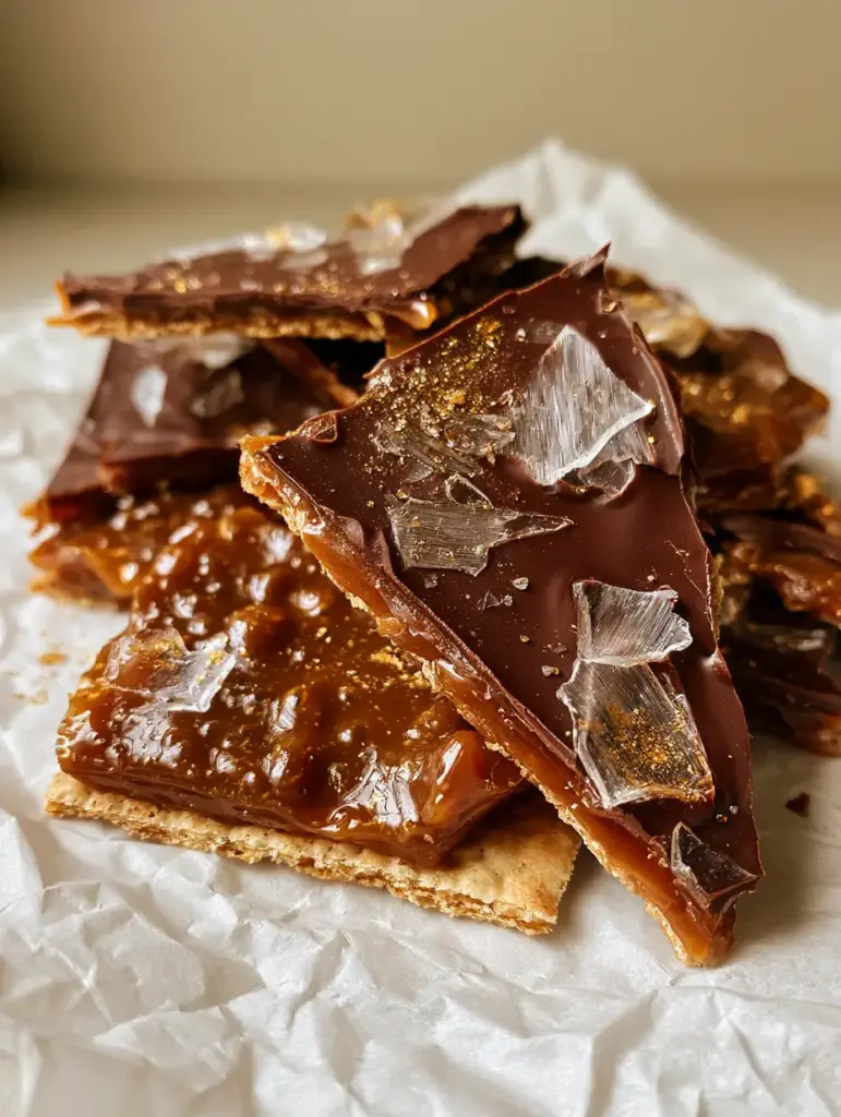 Messy pile of salted caramel crackers on white parchment paper with natural side lighting.