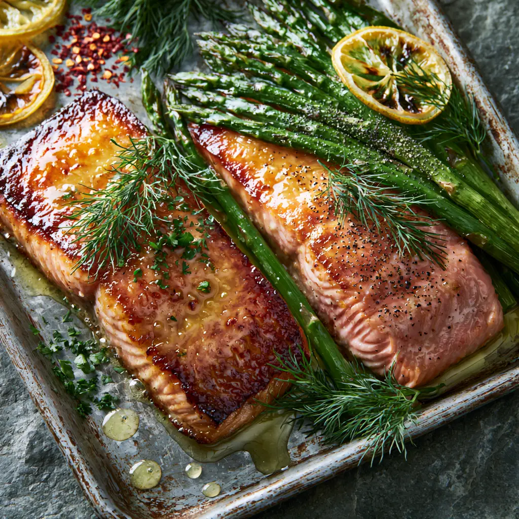 Baked Salmon and Asparagus with Lemon Garlic Butter 2 Close-up of seared salmon fillets with golden-brown edges and charred lemon slices on a dark stone background. (baked salmon and asparagus)