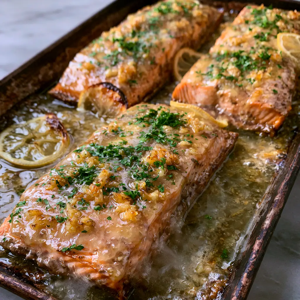 Baked Lemon Garlic Butter Salmon: The Ultimate 20-Minute Sheet Pan Masterpiece 2 Overhead smartphone photo of Baked Lemon Garlic Butter Salmon on a dark sheet pan with charred lemons and bubbling sauce.