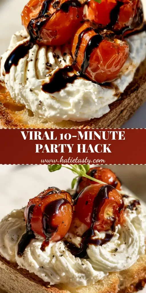 A close up of a whipped feta and blistered tomato crostini with balsamic drizzle. (appetizer recipe)