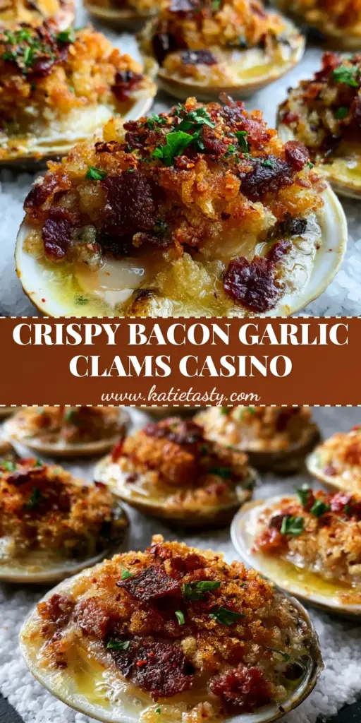 A close-up of a dozen Clams Casino on a bed of rock salt with bubbling garlic butter and crispy bacon bits. (clams casino)