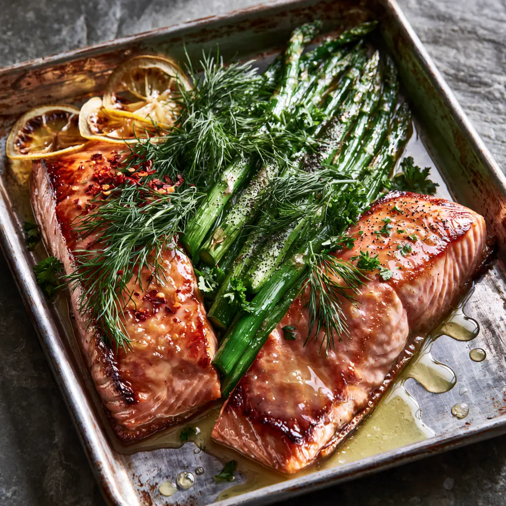 Baked Salmon and Asparagus with Lemon Garlic Butter 1 Macro shot of slender roasted asparagus spears with char marks and a dusting of coarse sea salt. (baked salmon and asparagus)
