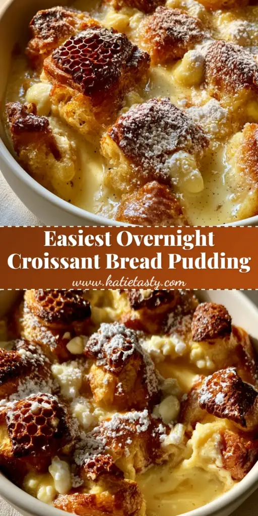 A close-up shot of golden-brown croissant bread pudding in a matte white dish with powdered sugar dusting.