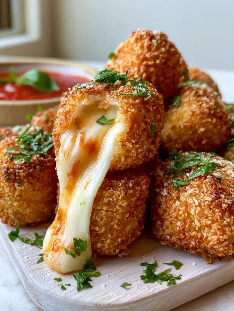 Air Fryer Mozzarella Bites: The Secret to a Perfectly Crispy, Gooey Cheese Pull 2 Uniform golden-brown crispy panko crusted mozzarella balls on a light wooden board with parsley garnish. (Air Fryer Mozzarella Bites)