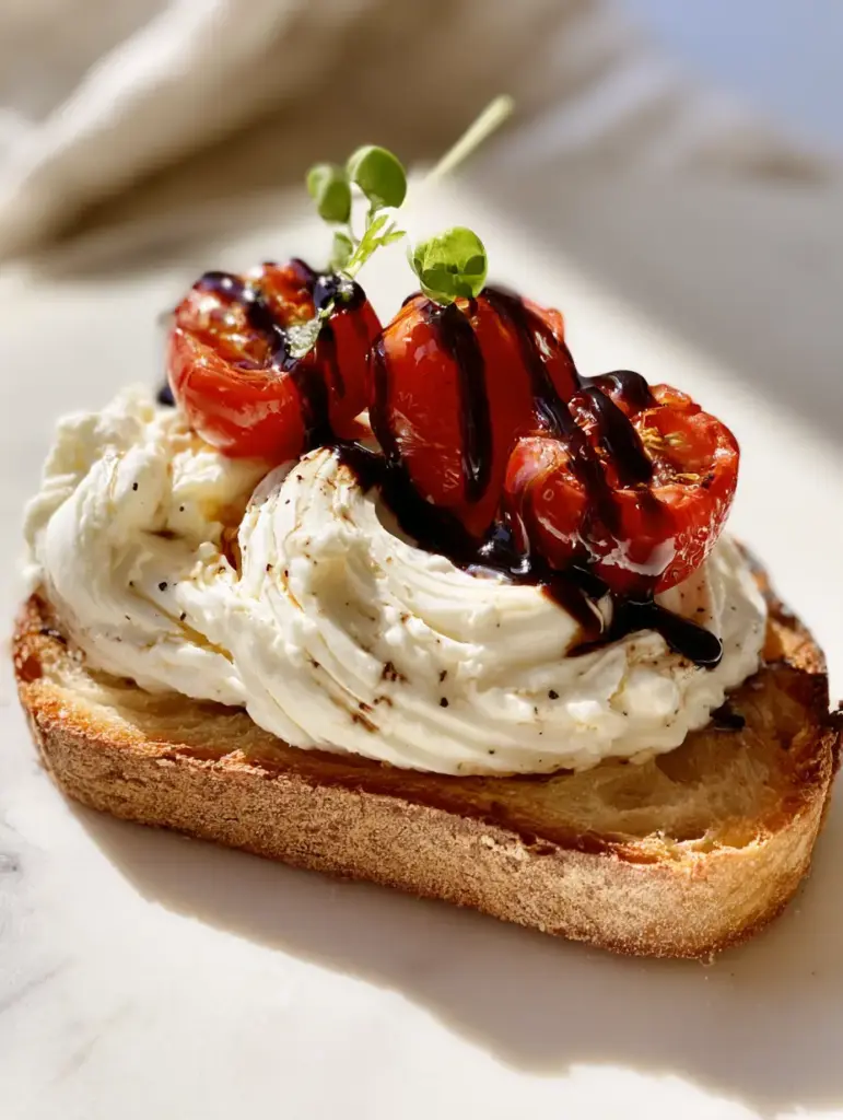 Extreme close up of balsamic glaze zig-zagged over whipped feta and blistered tomatoes.