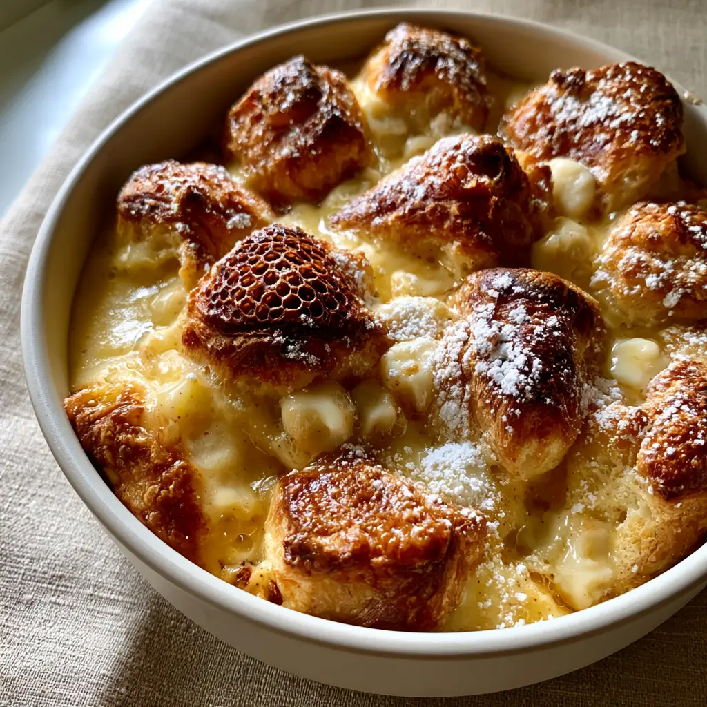 Top-down view of croissant bread pudding showing the honeycomb texture and melted white chocolate. (croissant bread pudding)