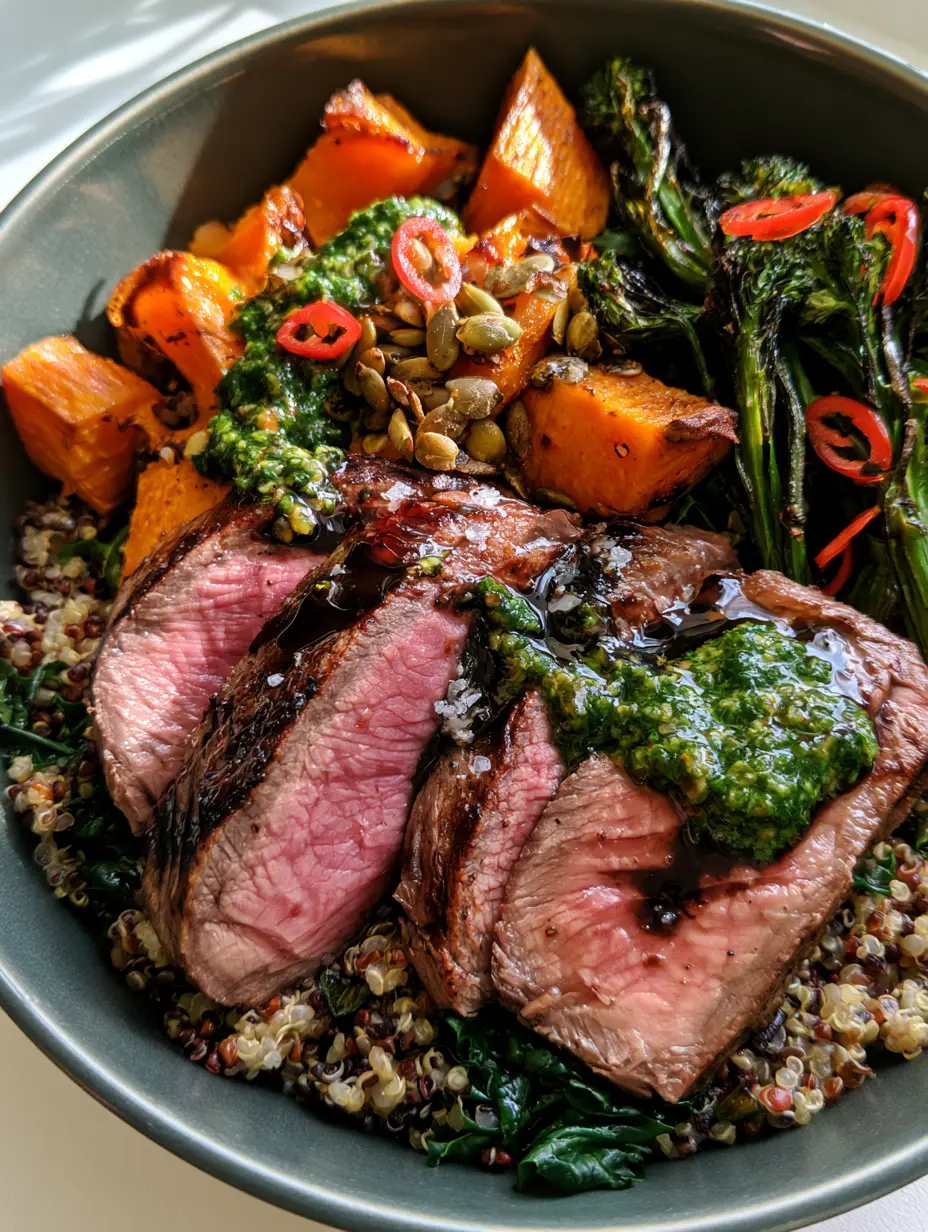 High Protein Recipes: The Ultimate Balsamic Sirloin and Quinoa Power Bowl 3 Slices of medium-rare sirloin steak with balsamic glaze and sea salt flakes as part of high protein recipes.