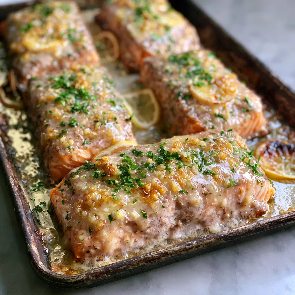 Baked Lemon Garlic Butter Salmon: The Ultimate 20-Minute Sheet Pan Masterpiece 1 Close-up of the flaky texture of Baked Lemon Garlic Butter Salmon fillets garnished with fresh parsley.