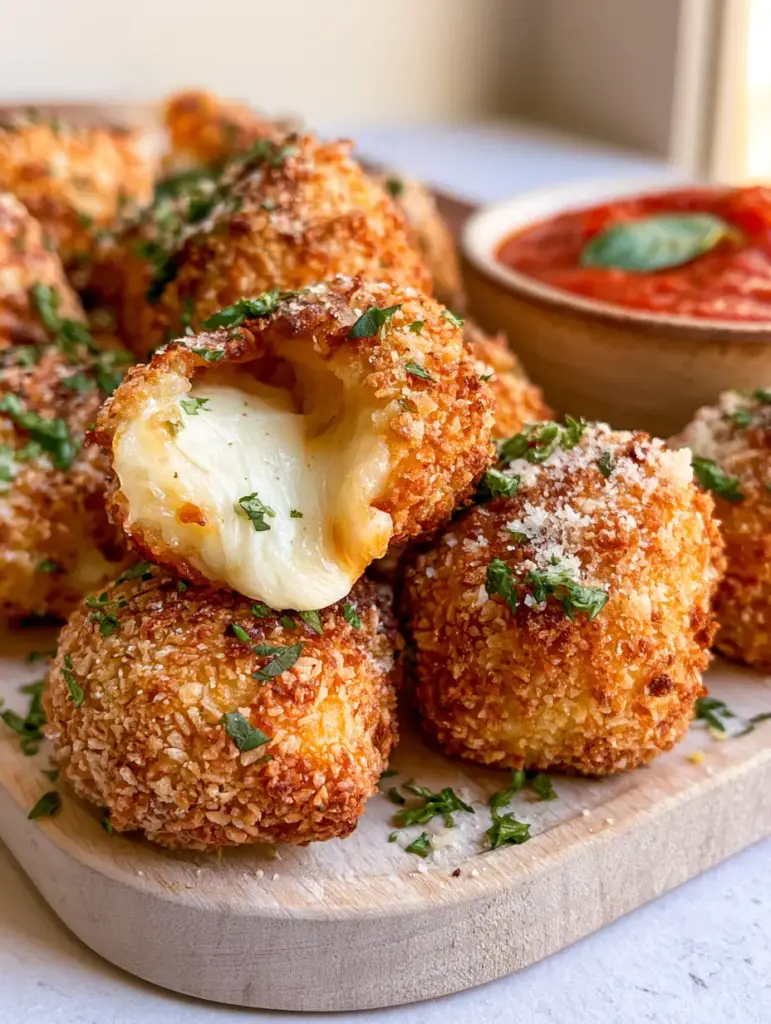 Air Fryer Mozzarella Bites: The Secret to a Perfectly Crispy, Gooey Cheese Pull 1 Close up of Air Fryer Mozzarella Bites showing the dusting of parmesan and side of bright red marinara sauce.