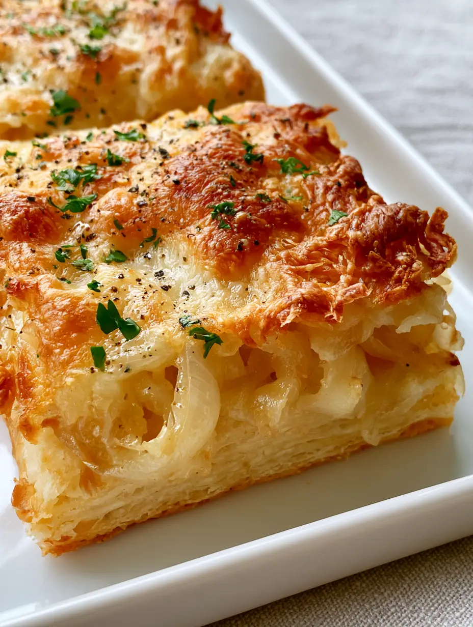 Close-up angled shot of a crispy Parmesan onion appetizer square showing multi-layered flaky pastry and bubbling browned cheese edges.