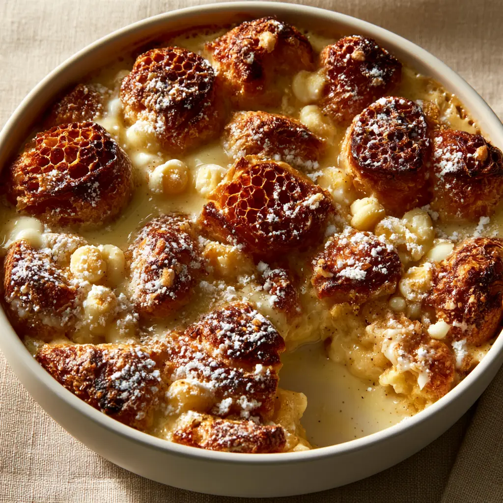 A lifted corner of croissant bread pudding revealing a steaming, moist interior and vanilla bean specks.