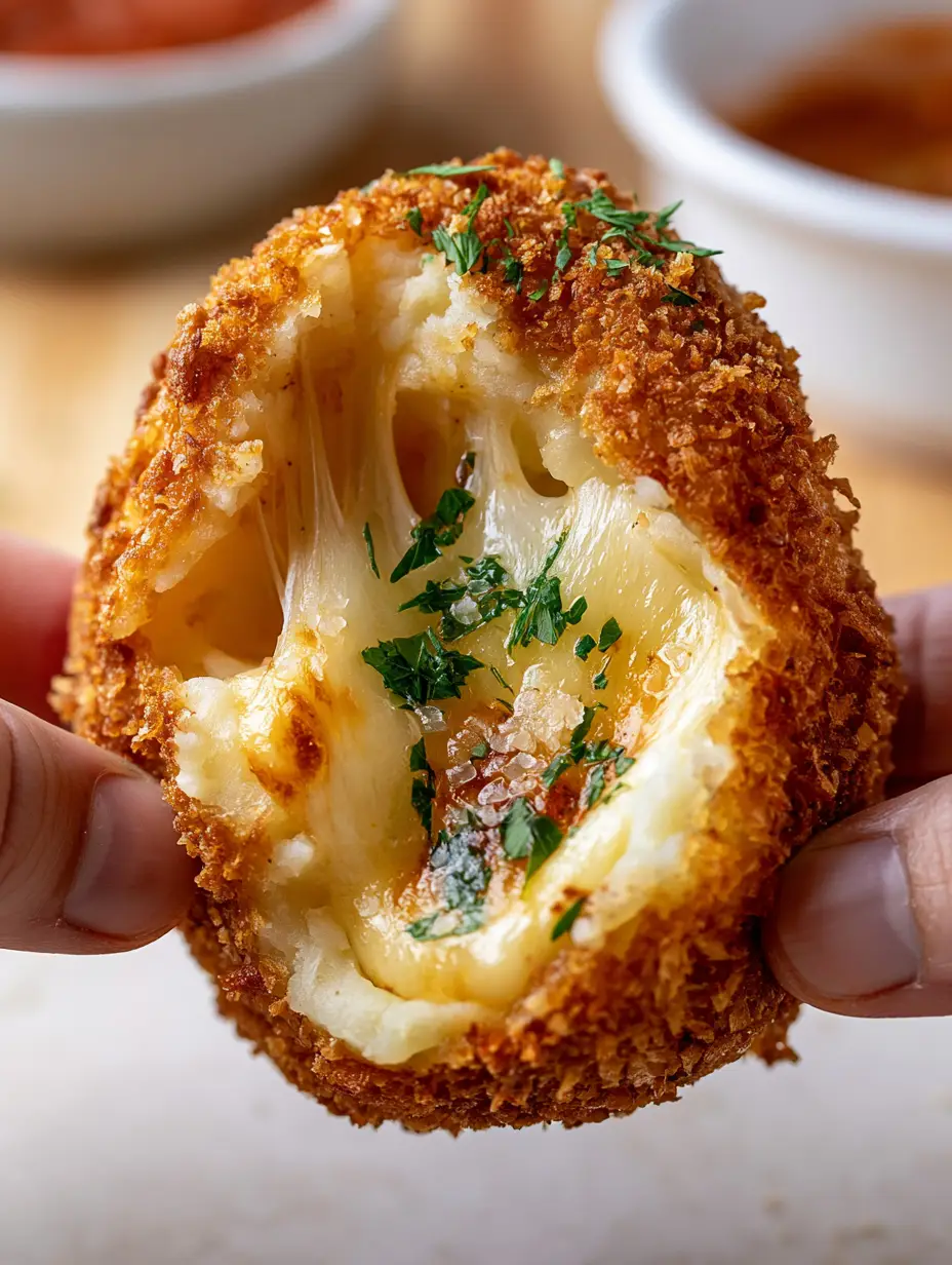 A smartphone photo of a single potato cheese bomb being pulled apart by two hands revealing molten mozzarella cheese and bright green parsley garnish.