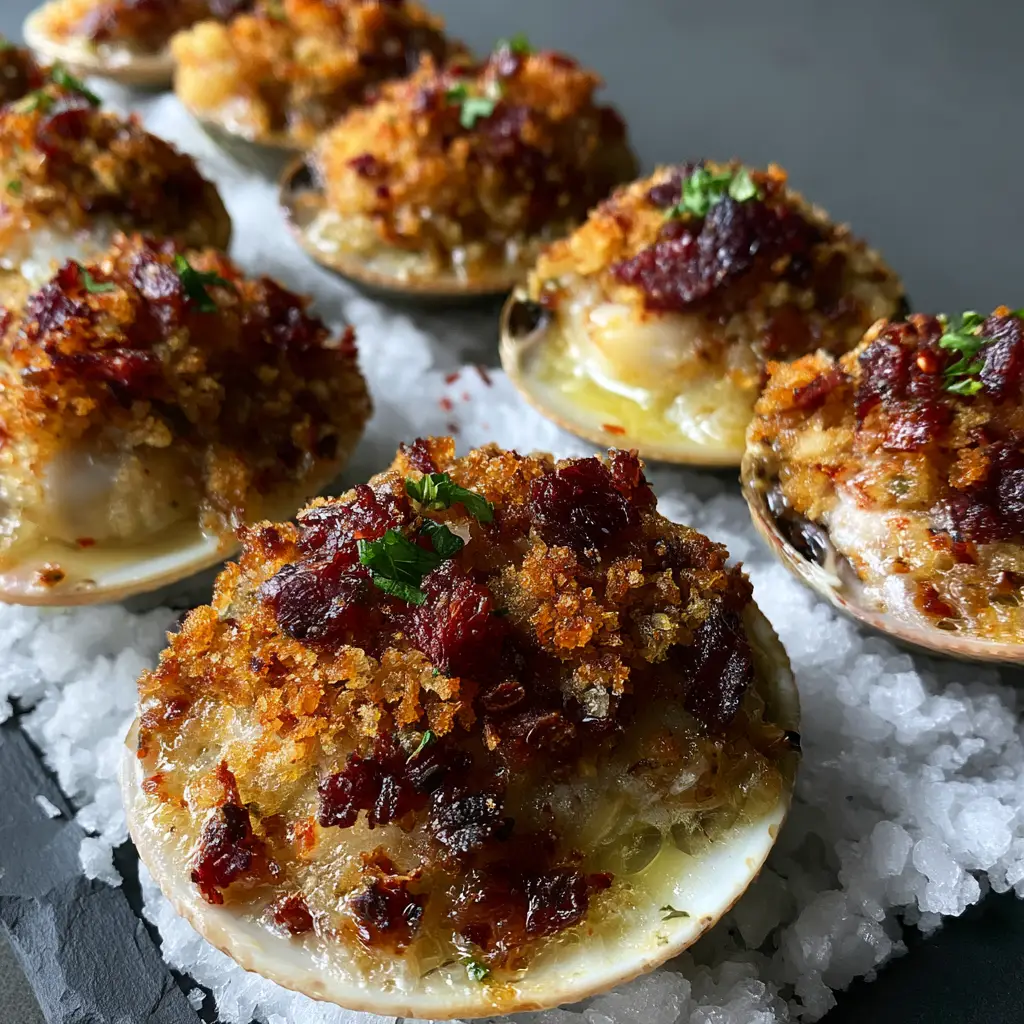Clams casino arranged on a dark slate platter with charred lemon wedges and fresh parsley. (clams casino)