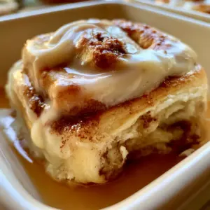 Macro close-up of a warm, fluffy cinnamon roll showing glossy frosting melting into golden pastry swirls. (cinnamon rolls recipe)