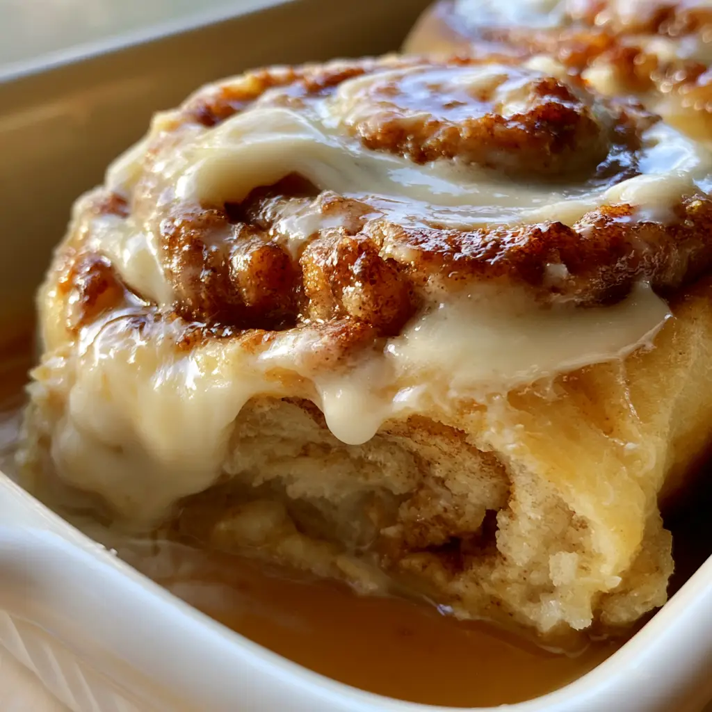 Handheld photo of warm cinnamon rolls in a ceramic pan with pooled caramel-like heavy cream syrup at the bottom.