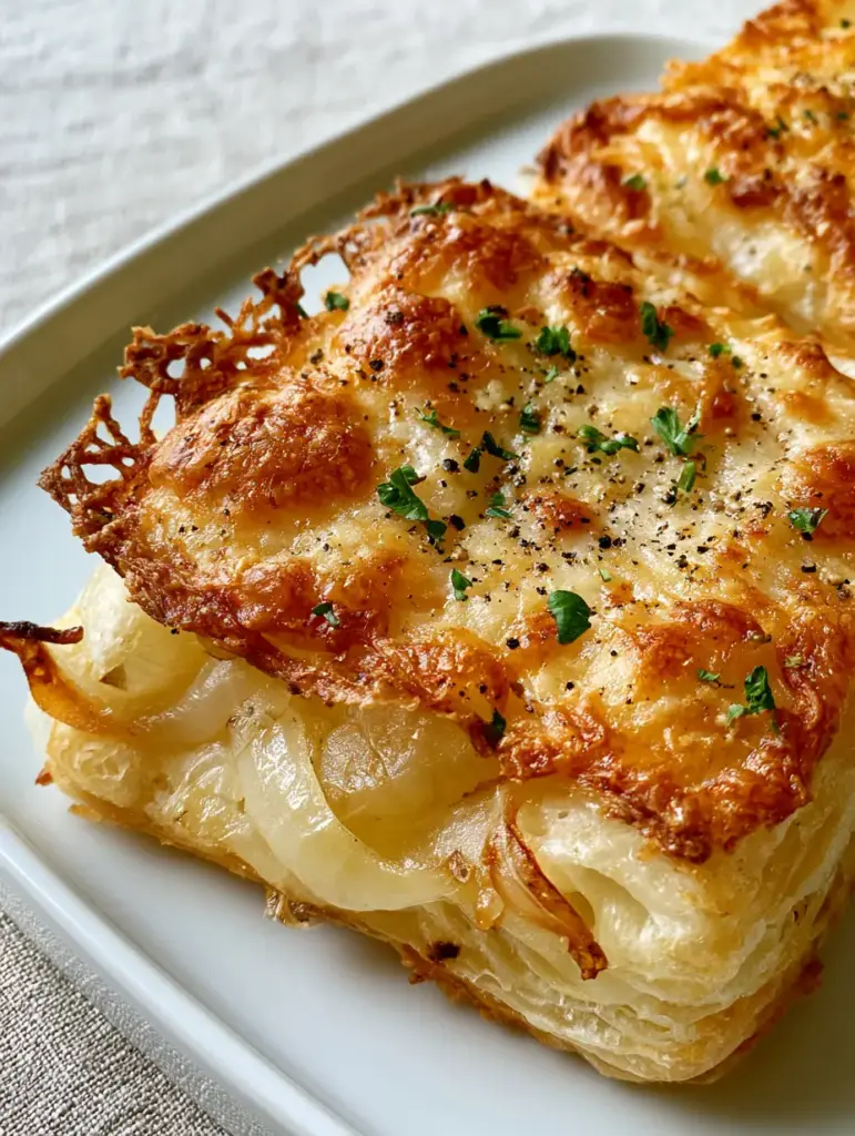 Detailed view of the translucent caramelized Vidalia onions beneath a thick crust of melted Parmesan cheese on a puff pastry base.
