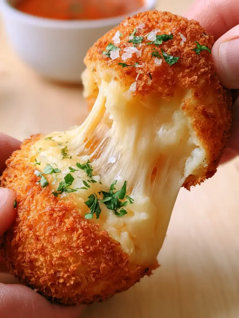 Potato Cheese Bombs resting on a light wood surface with a white ceramic bowl of marinara sauce in the background.