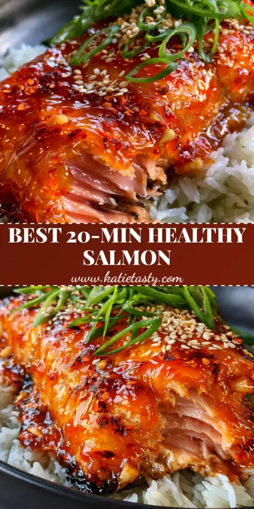 Baked Sweet Chili Salmon: The Ultimate 20-Minute Sticky Glazed Dinner 4 A close-up of flaky Baked Sweet Chili Salmon with a sticky orange glaze, toasted sesame seeds, and green scallions on a bed of jasmine rice.