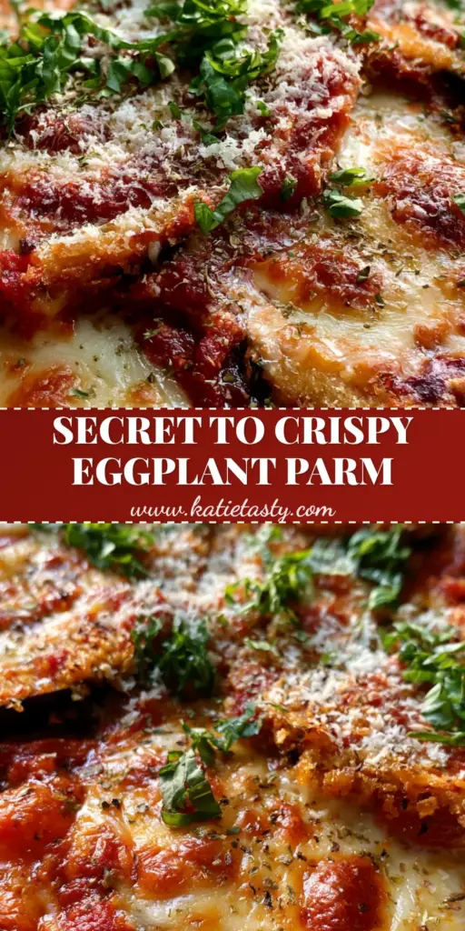 A high-angle shot of a rustic ceramic dish containing crispy panko Eggplant Parm with melted mozzarella and fresh basil.