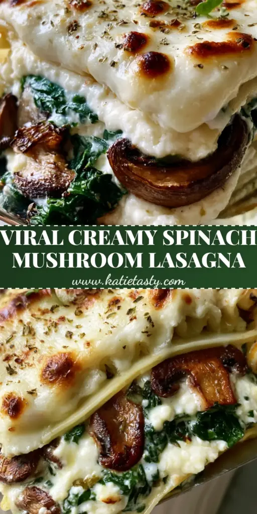 A thick slice of Spinach and mushroom lasagna being lifted with a spatula, showing layers of cottage cheese sauce and forest-green spinach.