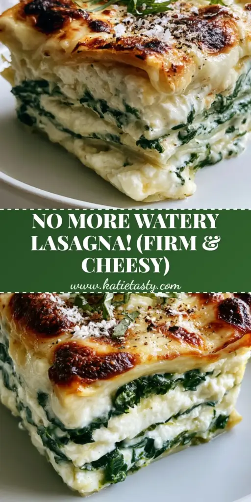 Spinach Ricotta Lasagna with Heavy Garlic Cream Sauce and Toasted Parmesan 4 A thick, square slice of spinach ricotta lasagna showing distinct layers of green spinach and white cheese with a golden-brown bubbling top.