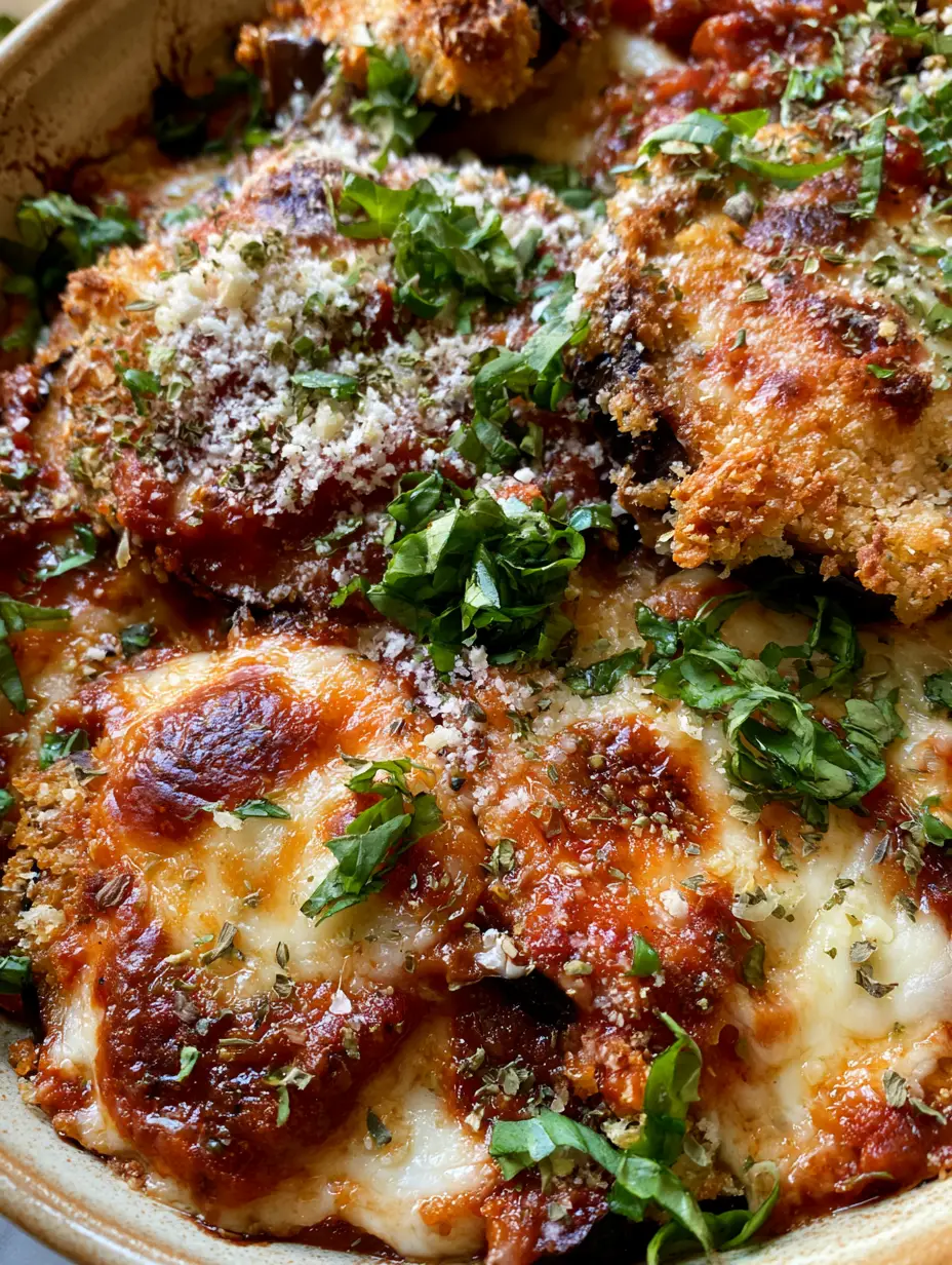 Extreme close-up of Eggplant Parm showing toasted golden-brown mozzarella bubbles and craggy panko edges.