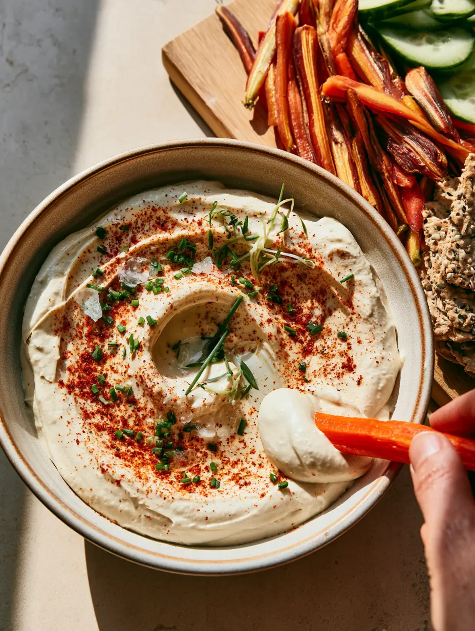 Silken Tofu Dip: The Ultimate Creamy High-Protein Vegan Appetizer 3 Ultra-creamy ivory-white Silken Tofu Dip with an aesthetic swirl and colorful garnishes.