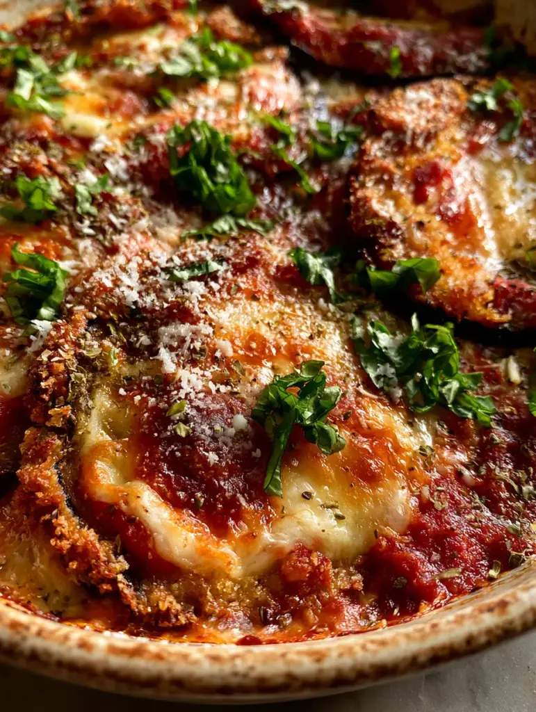 A rustic ceramic sheet pan filled with chunky San Marzano Eggplant Parm and fresh basil chiffonade.