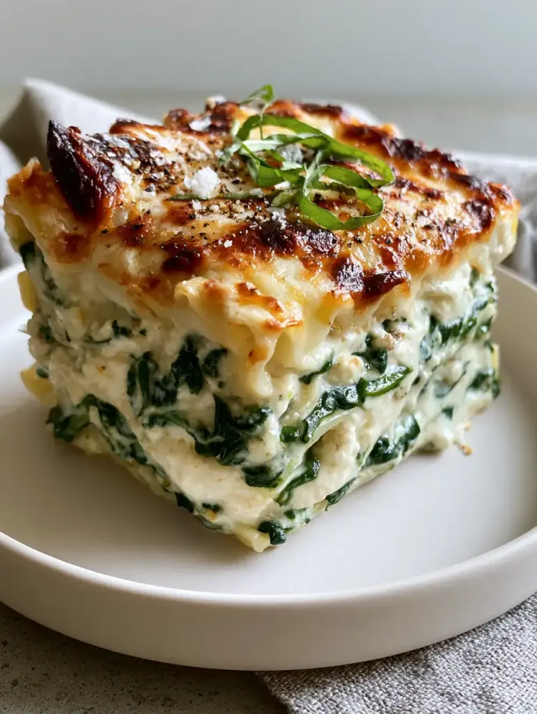 Spinach Ricotta Lasagna with Heavy Garlic Cream Sauce and Toasted Parmesan 2 Side view of a single slice of spinach ricotta lasagna on a white plate, showing emerald green spinach layers and ivory garlic sauce. (spinach ricotta lasagna)